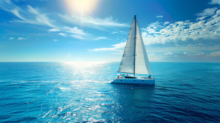 Obraz premium Aerial drone ultra wide photo of Yacht catamaran sailing on the sea with clear blue sky