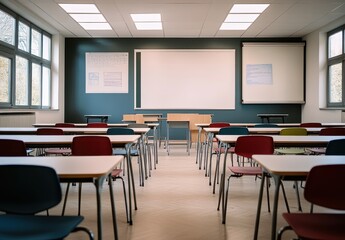 Empty Classroom with Desks and Chairs