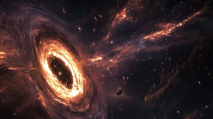 A black hole's immense gravity pulls in surrounding gas and dust, heating them intensely. From the black hole's poles, powerful gamma ray bursts erupt, shooting into the vastness of space. 