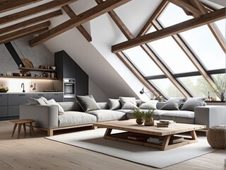 Gray attic living room interior with sofa. 3d rendering