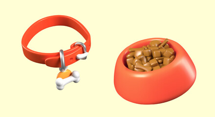 Red collar with pendant bone, wet food bowl. Set of vector realistic images in cute style