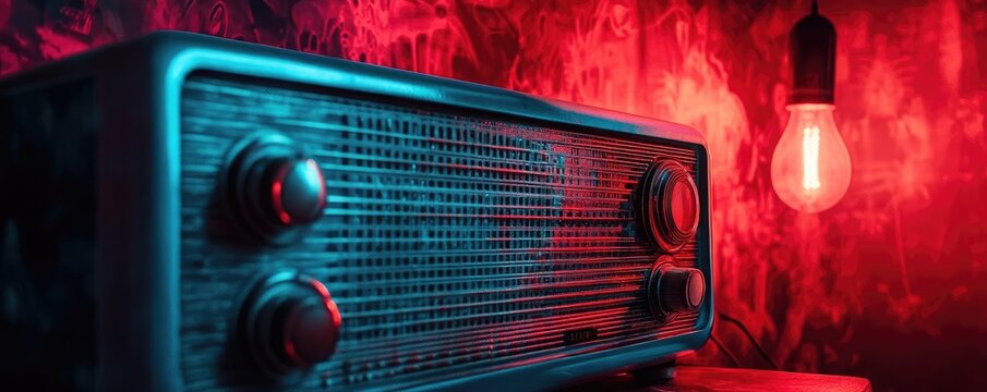 Retro radio with vibrant lighting creates a nostalgic ambiance, perfect for vintage themes and creative projects.