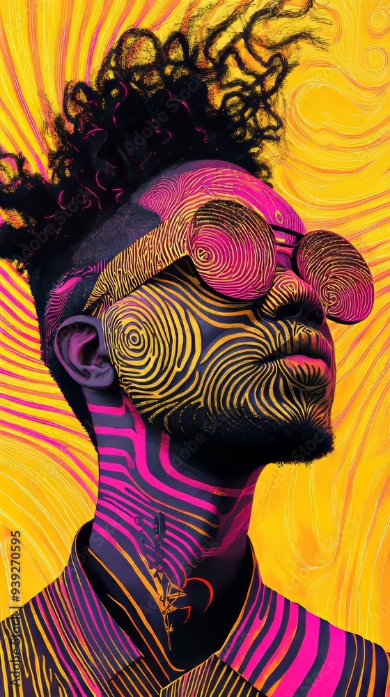 Poster A vibrant and dynamic abstract portrait set against a bright yellow background, featuring swirling patterns and distinctive line textures, capturing energy and movement.