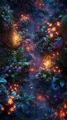 Enchanting forest path illuminated by glowing flowers, creates a magical ambiance in this fantasy landscape.