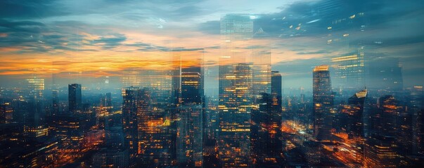Obraz premium A stunning city skyline at dusk, showcasing vibrant lights and a dramatic cloud-filled sky.