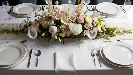 Wedding table setting with flowers. Generative Ai.