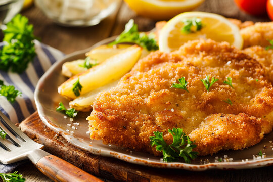 Breaded wiener schnitzel with potato fries and sauce. Oktoberfest dishes. 