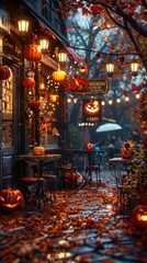 Cozy autumn street with outdoor seating, glowing pumpkins, lanterns, and warm decor, perfect for a seasonal evening stroll.