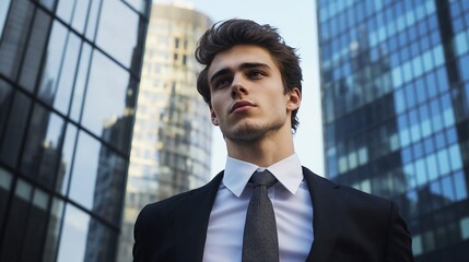 Fototapeta premium A welldressed man in a suit and tie is standing in front of a building