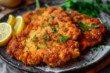 Breaded wiener schnitzel with potato fries and sauce. Oktoberfest dishes. 