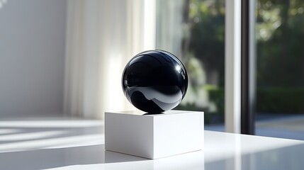 A glossy, jet-black obsidian sphere rests upon an immaculately white display stand. Its smooth, polished surface reflects the surrounding light, casting an enigmatic aura upon the room.