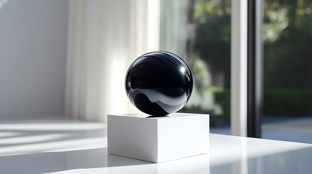 A glossy, jet-black obsidian sphere rests upon an immaculately white display stand. Its smooth, polished surface reflects the surrounding light, casting an enigmatic aura upon the room.