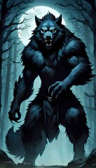 Menacing Werewolf in Dark Forest with Full Moon Backdrop