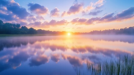 Fototapeta premium Dreamy sunset over a still lake with soft clouds reflecting