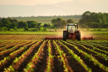 Farm worker driving tractor prepares for harvest