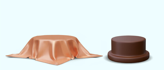 Set of realistic stands of various types. Brown round pedestal, platform covered with silk fabric