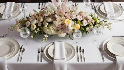 Wedding table setting with flowers. Generative Ai.
