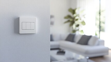 A light switch blends seamlessly into a white wall, adding a touch of modernity to a living room. 