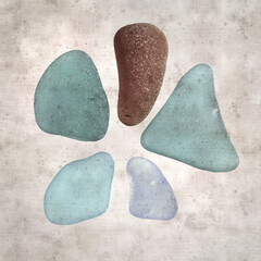 stylish textured old paper background with sea glass pebble pieces 
