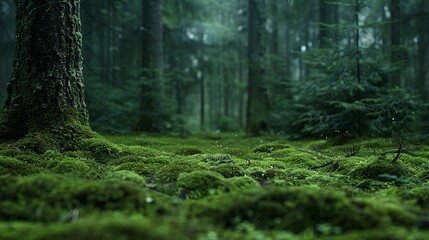 Obraz premium beautiful close up of mossy forest floor under large lush pine trees with baby pines moss rich deep dark green colors