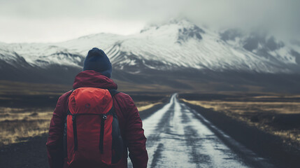 Hiker with red backpack walking on empty road towards snow-capped mountains in moody landscape, copy space