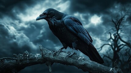Fototapeta premium A close-up of a black raven perched on a dead tree branch under a stormy, moonlit sky