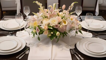Wedding table setting with flowers. Generative Ai.