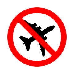 no airplane zone, plane silhouette in red circle pictogram, round vector icon © MasterSergeant