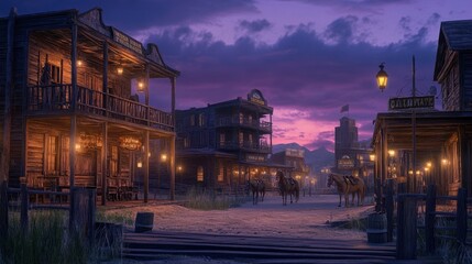 A serene western town at dusk with wooden buildings and horses.