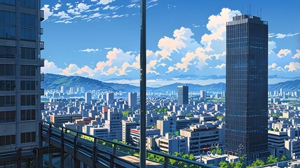 Obraz premium Bright and expansive cityscape under a clear blue sky, with towering buildings set against distant mountains. Urban life and natural beauty, bathed in sunlight, anime city style image 