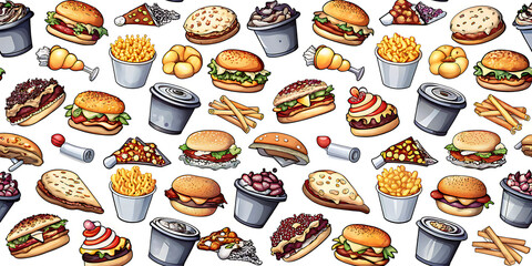 Dynamic fast food, featuring a mix of popular fast food items and vibrant.