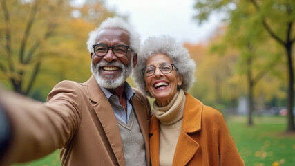 Happy elderly couple walking in the park
