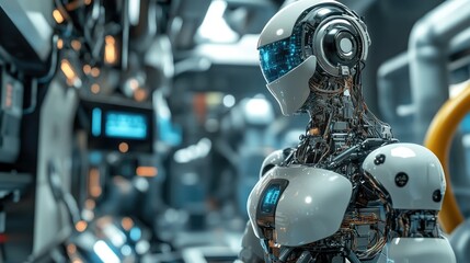 Fototapeta premium A highly advanced robot with intricate circuitry, standing in a metallic, high-tech laboratory