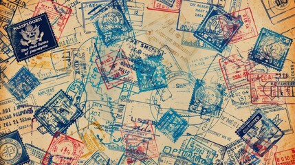 Obraz premium Travel background with different unreal passport stamps