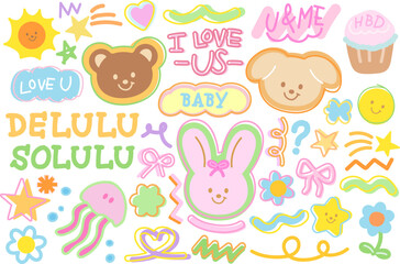 Cute illustrations of bunny, teddy bear, puppy, jellyfish, cupcake, flower, sun, star for sweet dessert, cute patches, brooch, font, typography, animal, pet, vet, aquarium, souvenir shop, cartoon logo