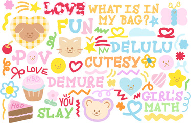 Cute illustrations of puppy, cat, teddy bear, birthday cake, cupcake, cherry, flower, heart, star, butterfly, text message for decoration, cute patches, animals, pet shop, vet, brooch, font, badges