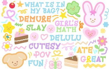 Cute illustrations of pink bunny, puppy, clover leaf, cake, butterfly, cherry, star, heart, flowers for sweet dessert, cafe, cute patches, brooch, font, girl's power text, animal, pet shop, vet, logo