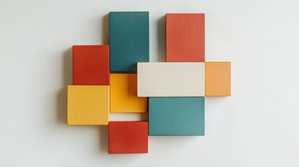 A simple geometric arrangement of colorful blocks on a clean, white surface