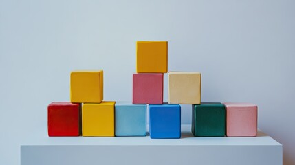 Obraz premium A simple geometric arrangement of colorful blocks on a clean, white surface