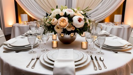 Wedding table setting with flowers. Generative Ai.