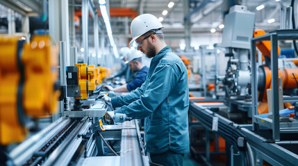 Factory workers assembling products on a production line, with machines and tools in the foreground