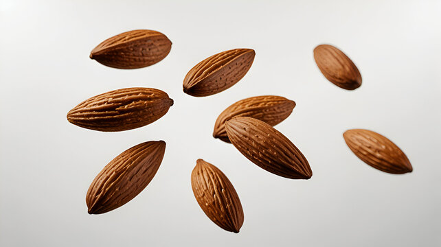 Almonds on a white background. Flying almond isolated and beans on a white background