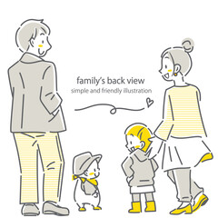 若い家族の後ろ姿　四人　シンプルでお洒落な線画イラスト