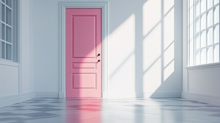 Fototapeta premium A striking pink door set in a minimalist, white hallway with clean lines