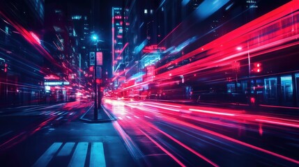 Obraz premium A dynamic city scene featuring vibrant light trails, creating an energetic and futuristic atmosphere at night.