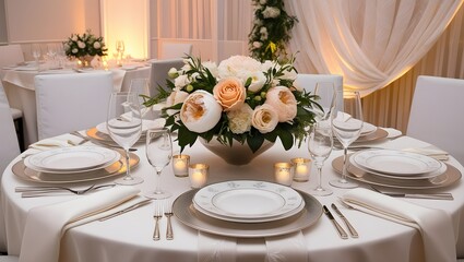 Wedding table setting with flowers. Generative Ai.
