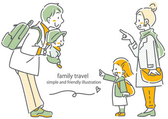 秋のお出かけを楽しむ4人家族　シンプルでお洒落な線画イラスト