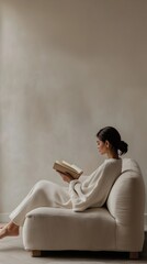 A woman in cozy attire reads a book while sitting on a comfortable couch in soft lighting