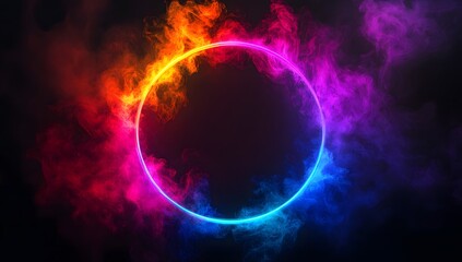 Red and blue flames in a glowing circle with pink smoke on a black background.