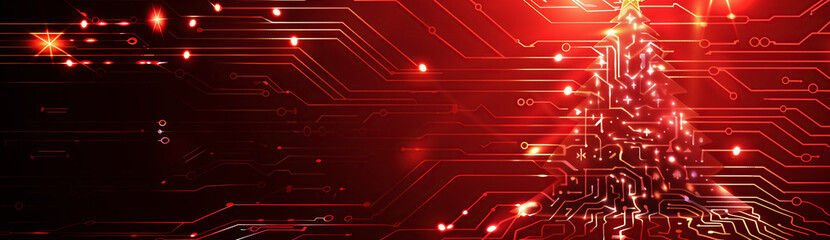 Abstract red background with high tech circuit board forms a shiny Christmas tree.